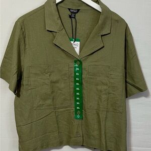 Buffalo Linen Blend Utility Short Sleeve Button Up Olive Green